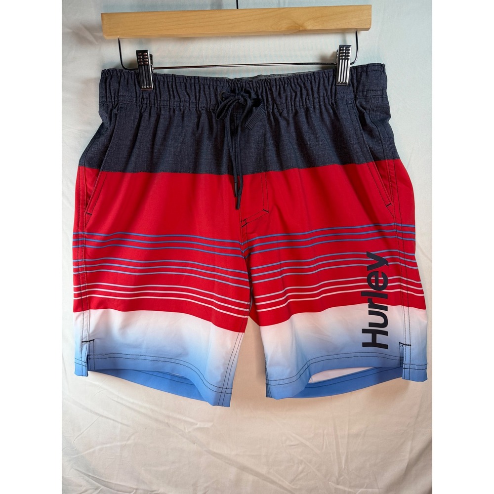 Hurley Mens Colorblock Board Shorts Red White Blue Ombre Swim Trunks Size Medium